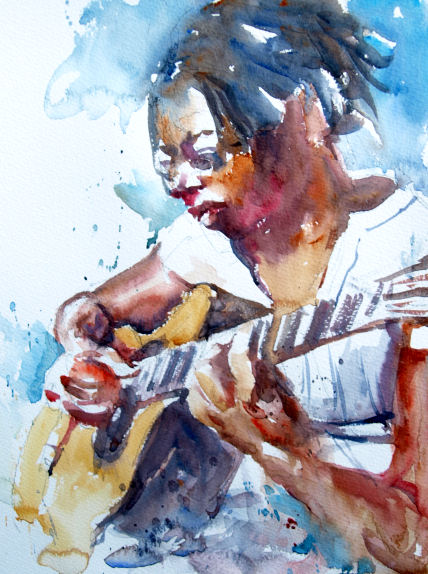 Woman playing guitar by Roger Simpson in Liversedge, West Yorkshire, Northern England